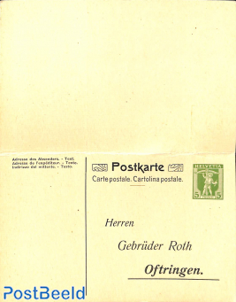 Reply paid postcard 2/5c, Gebr. Roth