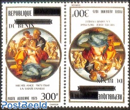 set of 2 stamps,painting of the sacred family by michelangelo, tete beche, overprint