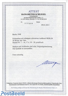 BERLIN overprints black 20v, with attest Hans Dieter Schlegel
