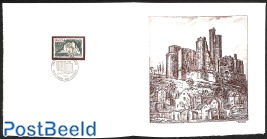 Chateau fort de Bonaguil, Special FDC leaf on handmade paper with Decaris gravure, limited ed.