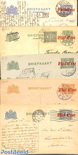 5 used postcards with overprints