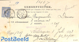 subscription from The Hague to Hoogeloon, via Dordrecht. See postmarks. Princess Wilhelmina (hangend haar)