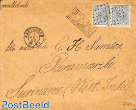 Cover from Amsterdam to Paramaribo, see its postmark on the behind. Seamail, see postmark. 2 x Princess Wilhelmina hangend haar. 