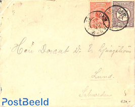 cover from Amsterdam to Lund, Sweden. See Lund postmark.  Princess Wilhelmina (hangend haar) and Drukwerkzegel Cijfer 2.5c