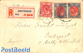 Registered letter from Amsterdam to Budapest 35c (2x15c, 1x5c Bontkraag)