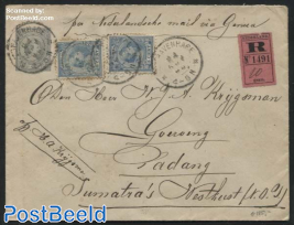 registered letter from Den Haag to Padang (postal stationary cover No. 7, uprated with two 5c stamps