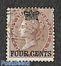 Straits Settlements, FOUR CENTS on 1A, used, short perf.