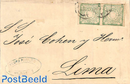 Folding cover from Parejo to Lima with pair of stamps (fold in cover and stamp)