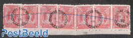 Strip of postal fiscals 20sh pink (large tear in second stamp)
