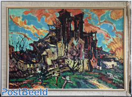 Daniël Bekking, Kerk te Afferden (69x99cm), after bombardement in 1945