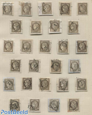 Album page with 27 30c Ceres stamps, various cancellations, mostly on pieces of cover