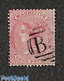 Mauritius 1860 4 Pence Rose, Queen Victoria, No Watermark, Used