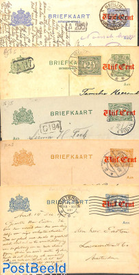 5 used postcards with overprints