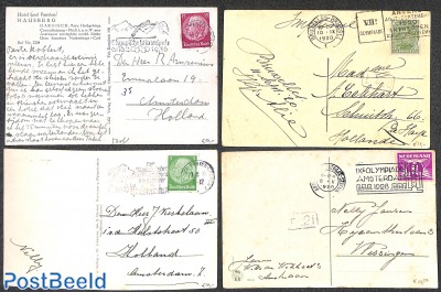 4 postcards with Olympic games promtional cancellations (1920,1928,1936)