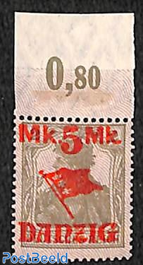 Overprint 5Mk on 2pf, (tops down), hinge on frontside of tab