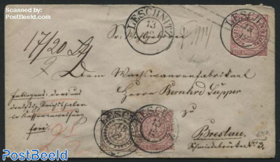 Envelope 1Gr, uprated with stamps, from Leschnitz to Breslau