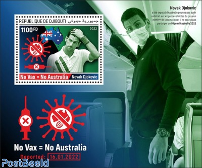 Brand new Djibouti Post stamp issue (24.01.2022) on Novak Djokovic’s deportation from Australia (16.01.2022)