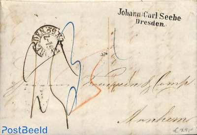 Folding letter from Dresden to Arnhem (NL), various traject postmarks on backside