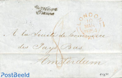 folding cover from London to Amsterdam. Londom 1854 postmark