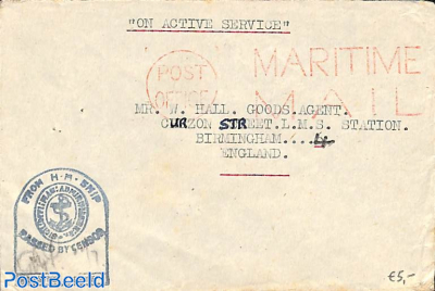 Envelope to Birmingham, passed by Censor. Maritime mail.