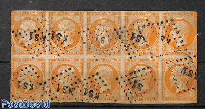 Piece of 10 stamps 40c (thin spots and foldings in upper row stamps)
