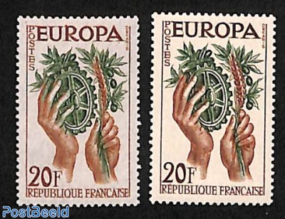 Europa 20F, error (green fingers and ear of corn half green), right stamp=normal to compare