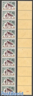 Ronchamp 0.40, coil strip of 10 stamps with bottom stamp numbered