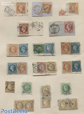 Albumpage with 26 stamps with cancellations, mostly on cover pieces