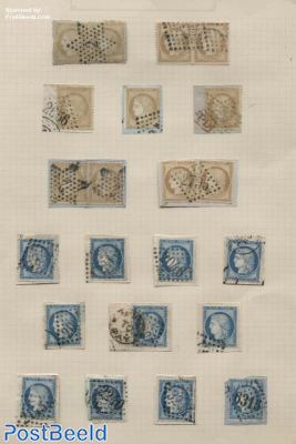 Album page with 22 stamps, various cancellations, on pieces of covers