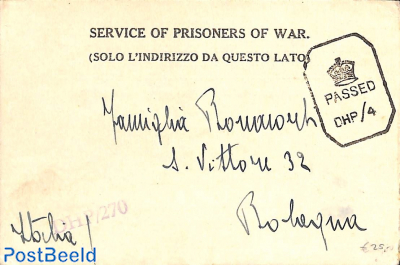 Service of prisoners of war, card to Bologna Italy