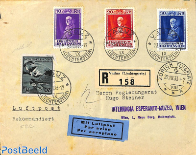 Registered airmail letter  to Vienna, first day cancellation for Franz I set (28/08/1933)