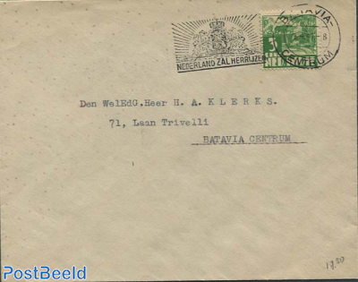 Envelope to Batavia, with Batavia mark and Nederland Zal Herijzen mark.