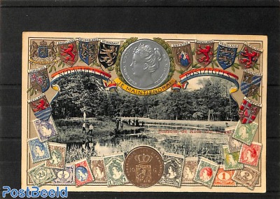 Postcard with stamps & coins pictured, Bussum