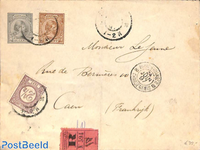 registered cover from Holland to Caen via Paris. Princess Wilhelmina (hangend haar) and Drukwerkzegel Cijfer 2.5 cent