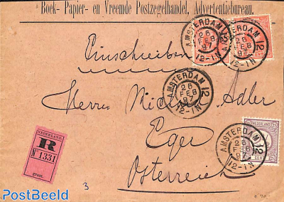 Registered envelope from Amsterdam to Eger/Cheb . Drukwerkzegel 2.5c and Princess Wilhelmina (hangend haar) 