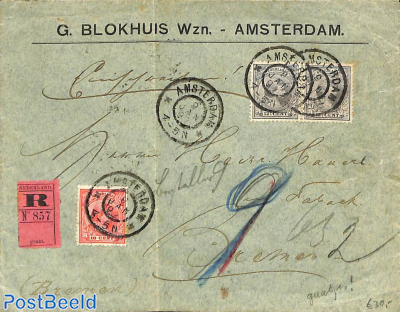 registered cover from Amsterdam to Bremen. See both postmarks and Princess Wilhelmina (hangend haar) stamps
