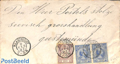 Cover from Maastricht to Geestemunde, see both postmark.s Drukwerkzegel 2.5 cent and Princess Wilhelmina (hangend haar) 2x 5 cent