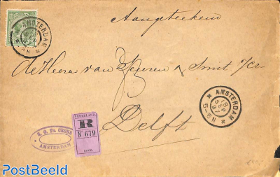 registered envelope from Amsterdam to Delft, see both postmarks. Princess Wilhelmina (hangend haar) 20 cent