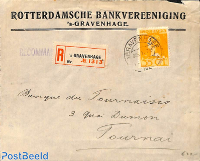 Registered cover from The Hague to Tournai. Rotterdamsche Bankvereniging s'Gravenhage