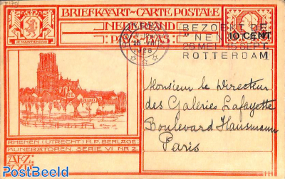 Postcard 10 cent on 12.5c, Rhenen, sent to Paris