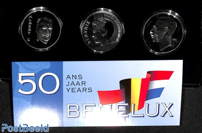 set with 3 silver coins Netherlands, Belgium, Luxemburg on 50 years BENELUX