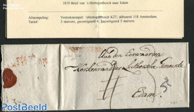 Letter from s-Hertogenbosch (k27) via Asterdam (Debourse 118) to Edam. Rate 3s, corrected to 4s, cor