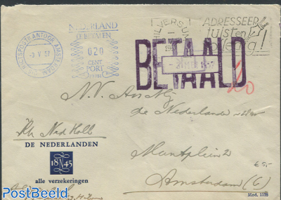 Envelope to Amsterdam, payd postage due 20 cent.