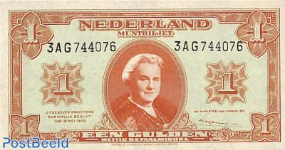 1 Gulden 1945 Serie 1 Digit 2 Letters 6 Digits