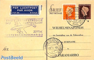 Reply paid postcard, first flight Amsterdam-Paramaribo