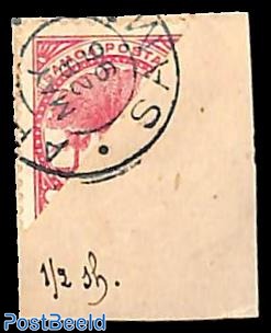 Divided 1sh stamp on piece of cover, perf. 12:11.5, used 28 may 1895
