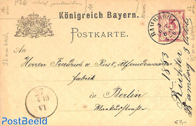 Postcard 3pf from BAMBERG to Berlin
