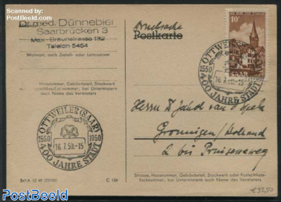 Card with postmark Ottweiler 400 Jahre Stadt on 10F Ottweiler stamp