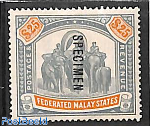 Federated Malay States, 25$, SPECIMEN (lightly folded)