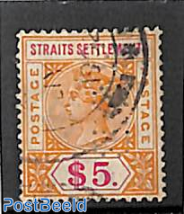 Straits Settlements, $5, used
